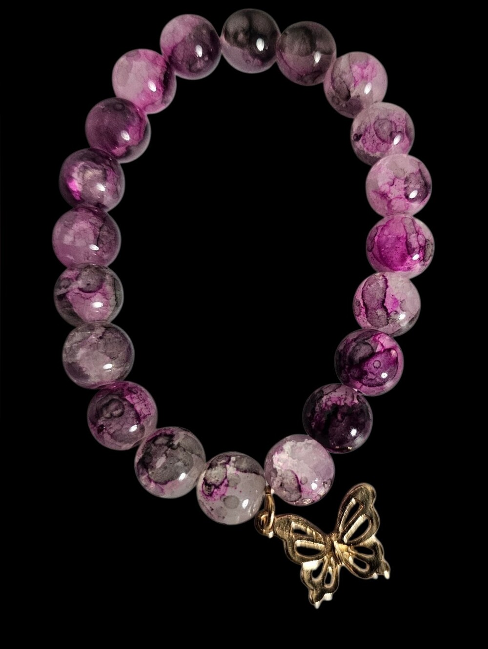 Gold Butterfly Charm Purple Bead Stretch Bracelet - NWOT - Picture 4 of 4